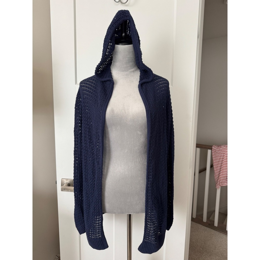 Gap Womens Navy Blue Open Knit Hooded Cardigan 100% Cotton Size M Crochet Style